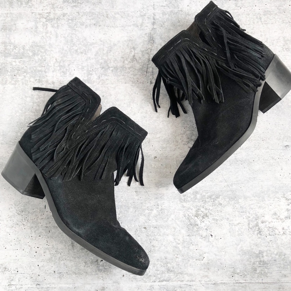 Vince Camuto Signature Black Suede Fringe Booties